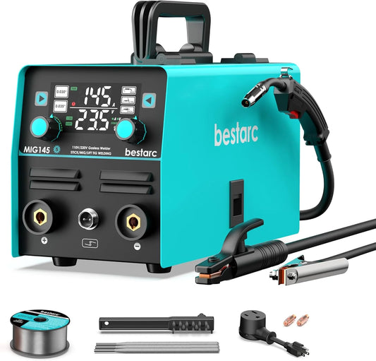 145A MIG Welder, 110V/220V Dual Voltage Gas/Gasless Flux Core MIG Welder/Lift TIG/Stick 3 in 1 Synergic MIG145 9GEN Welding Machine, Flux/Solid Welder Digital Screen Display