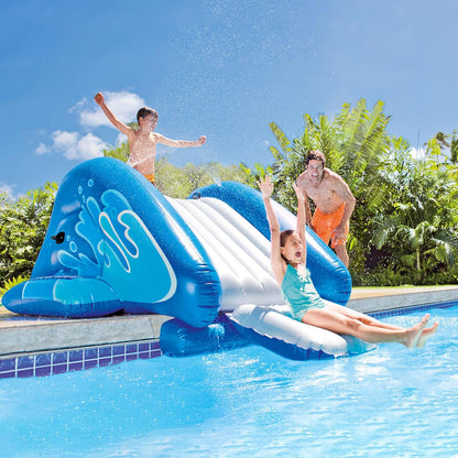 Inflatable Water Slide Swimming Pool Play Center with Built in Sprayers for Kids and Adults, Ages 6 and Up, Blue