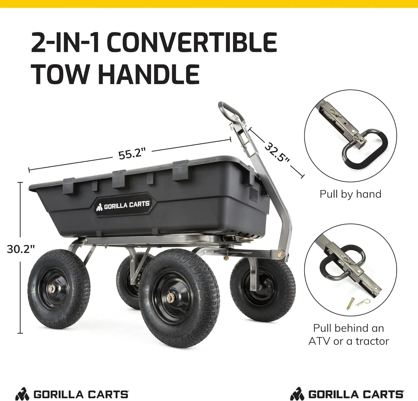 Heavy Duty Poly Utility Dump Wagon Garden Cart w/Pneumatic Tires, 6 Cu Ft - 1200 lb Capacity Outdoor Wheelbarrow for Yard, Landscaping & Gardening, Lawn Tractor or ATV Towable-Gorilla Carts