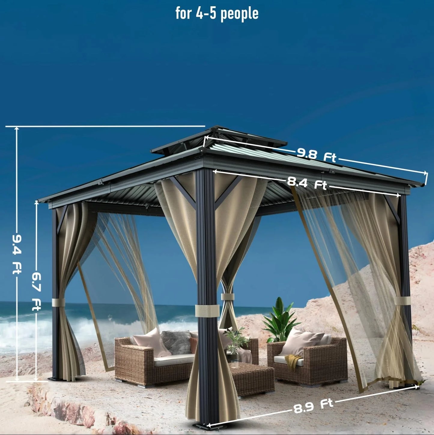 10’x10′ Hardtop Gazebo with double metal roof, aluminum frame, net, and curtain. All-weather, ideal for patio, deck, garden, backyard. Khaki.