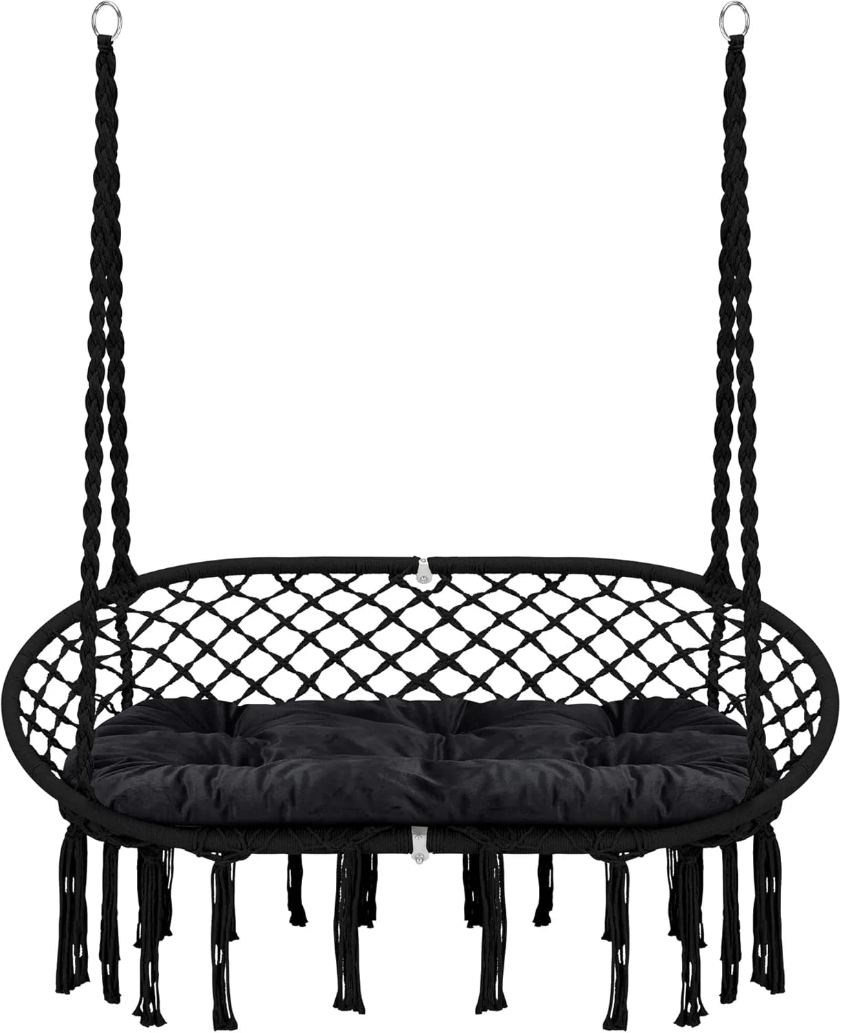 Hammock Chair Macrame Hanging Swing with Cushion,Hanging Cotton Ropes, Metal Frame, 450 lbs Capacity Indoor Outdoor, Patio, Balcony, Living,Deck, Yard, Garden(Double Swing) Beige