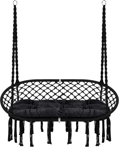 Hammock Chair Macrame Hanging Swing with Cushion,Hanging Cotton Ropes, Metal Frame, 450 lbs Capacity Indoor Outdoor, Patio, Balcony, Living,Deck, Yard, Garden(Double Swing) Beige