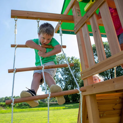 Backyard Discovery Mount Mckinley Cedar Wood Swing Set with Wave Slide, Play Deck, Double Rock Wall, Rope Ladder, Web Swing, Belt Swings, Toy Telescope, Steering Wheel, Sandbox Area, Outdoor Playset