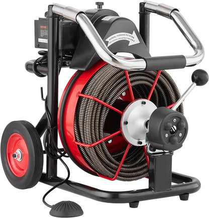Drain Cleaner Machine 100FT x 1/2 Inch, Auto Feed Sewer Snake Auger on Wheels, 550W Portable Drain Cleaning Machine with 8 Cutters & Air-activated Foot Switch for 2" to 4" Pipes
