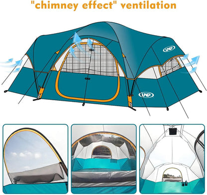 Camping Tent 10-Person-Family Tents, Parties, Music Festival Tent, Big, Easy Up, 5 Large Mesh Windows, Double Layer, 2 Room, Waterproof, Weather Resistant, 18ft x 9ft x78in
