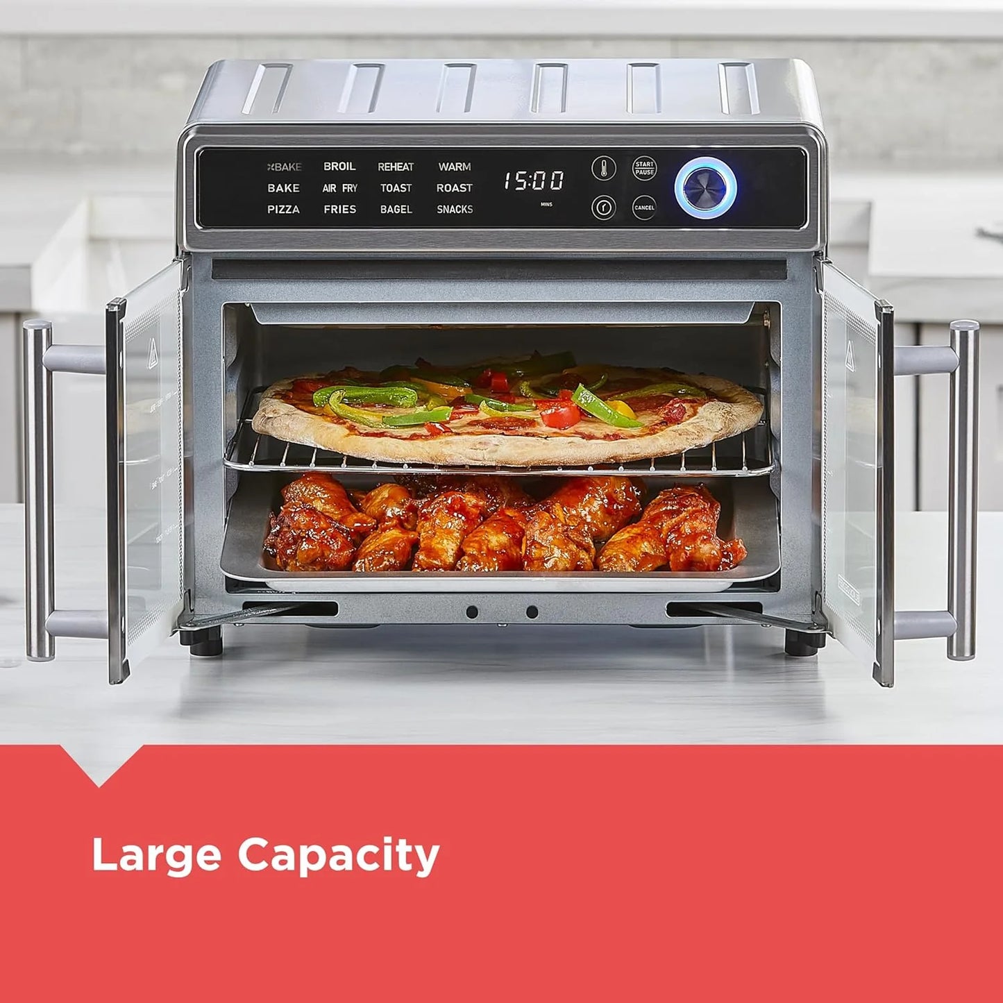 Air Fryer Toaster Oven Combo, 12 in 1 Countertop Convection Oven Cooks Food Fast, Fits a Whole Pizza or 6 Toast Slices, French Doors with Stainless Steel Finish.