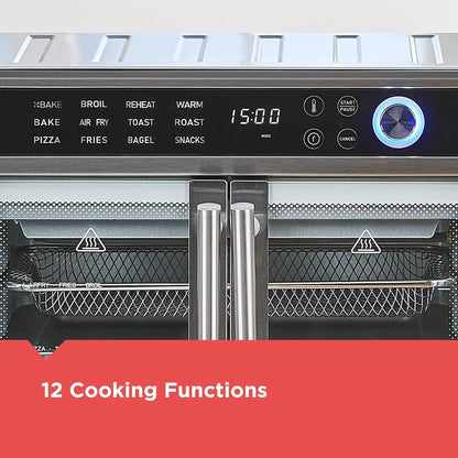 Air Fryer Toaster Oven Combo, 12 in 1 Countertop Convection Oven Cooks Food Fast, Fits a Whole Pizza or 6 Toast Slices, French Doors with Stainless Steel Finish.